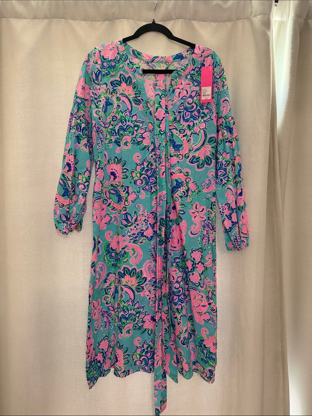 Lilly Pulitzer Aqua Pink Green Paisley Tie-Neck Long Sleeve Dress